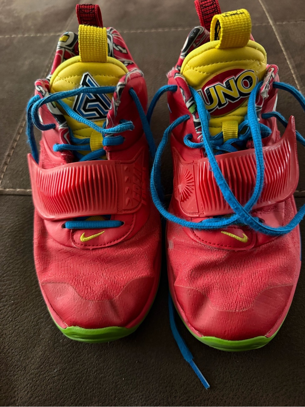 Nike Kids Red UNO Sneakers with Blue Laces and Yellow Tongue